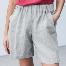 Cotton Linen Solid Shorts Female Elastic Waist Knee-length Pocket Short Women 2021 Summer Fashion Thin Soft Women's Homewear (Color: White, size: M)