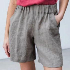 Cotton Linen Solid Shorts Female Elastic Waist Knee-length Pocket Short Women 2021 Summer Fashion Thin Soft Women's Homewear (Color: Gray, size: L)