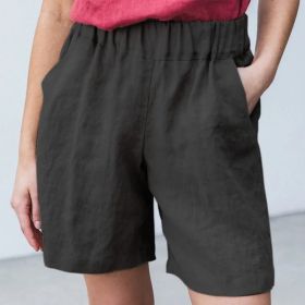 Cotton Linen Solid Shorts Female Elastic Waist Knee-length Pocket Short Women 2021 Summer Fashion Thin Soft Women's Homewear (Color: Black, size: XL)