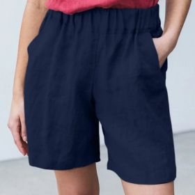 Cotton Linen Solid Shorts Female Elastic Waist Knee-length Pocket Short Women 2021 Summer Fashion Thin Soft Women's Homewear (Color: Deep Blue, size: L)