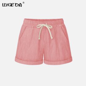 Running Gym Sports Women Shorts Wide Leg Drawstring Elastic Waist Lace up Short 2021 Summer Solid Loose Casual Female Bottoms (Color: Pink, size: M)