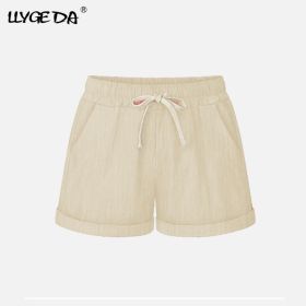 Running Gym Sports Women Shorts Wide Leg Drawstring Elastic Waist Lace up Short 2021 Summer Solid Loose Casual Female Bottoms (Color: Apricot, size: 6XL)