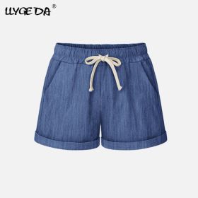 Running Gym Sports Women Shorts Wide Leg Drawstring Elastic Waist Lace up Short 2021 Summer Solid Loose Casual Female Bottoms (Color: Cowboy blue, size: 4XL)